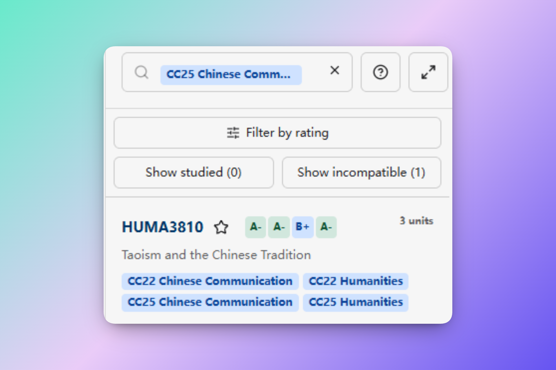 Course search result showing Content, Teaching, Grading, and Workload rating badges beside the course code