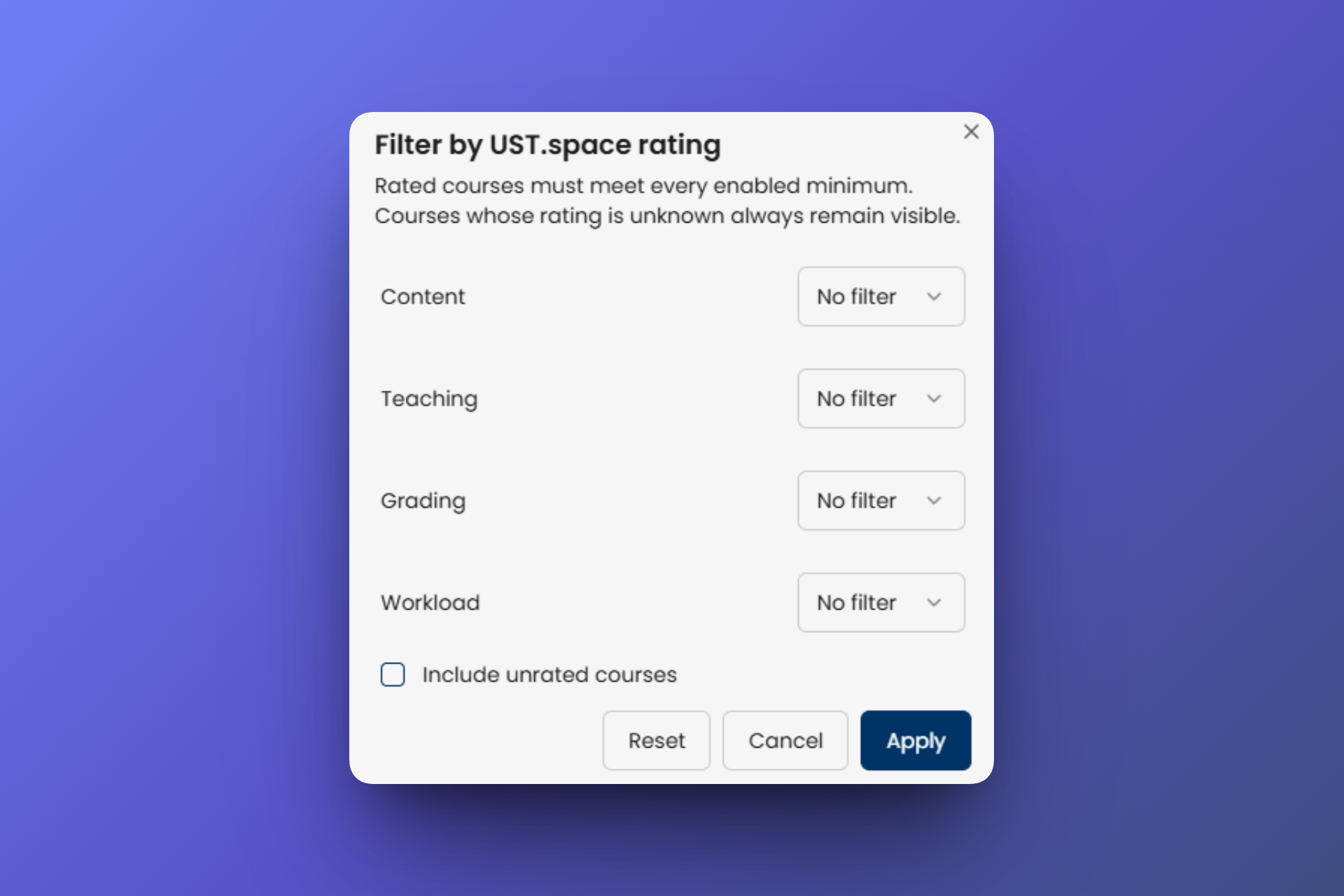 Filter by UST.space rating dialog with minimum selectors for Content, Teaching, Grading, and Workload