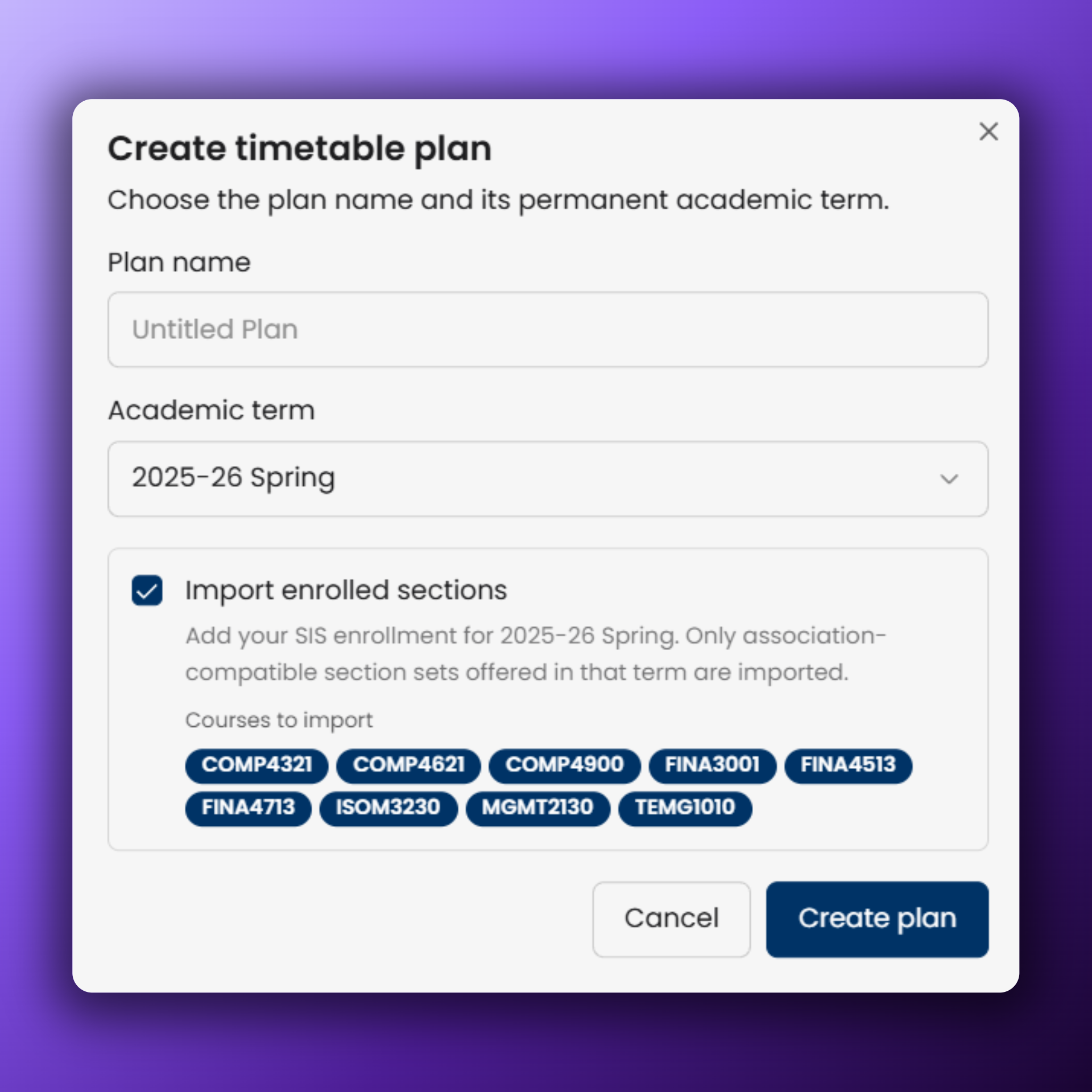 Create timetable plan dialog with plan name, academic term, enrollment import, and course preview