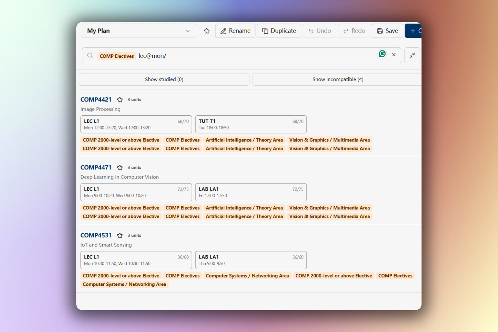 Expanded course search showing a source chip, class-time filter, compatibility controls, and section combinations