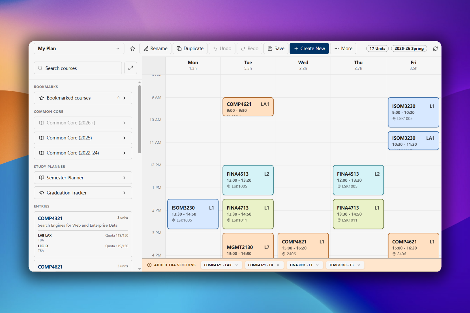 Timetable Planner showing the course browser, weekday schedule, plan controls, and added TBA sections